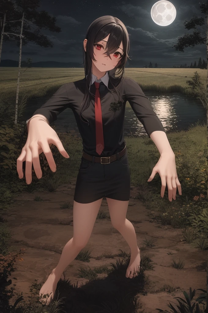 masterpiece, best quality, 1girl, long hair, black hair, red eyes, hair between eyes, skirt, dress, necktie, sleeveless, belt, shirt, black shirt, collared shirt, red necktie, black skirt, bare feet, standing, grass, lake, landscape, night sky, full moon, night light, backlighting, dark background