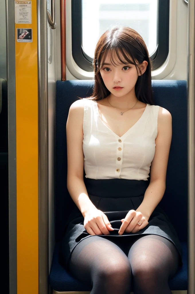 (masterpiece, Highest quality, 8K, RAW Photos, beautifully、aesthetic:1.2),  Intricate details, indirect lighting, Realistic,
whole body, Sitting on a chair on the train、Staring at the viewers、Voyeur、
 Square neck button-down linen sundress, (Ultra-realistic pantyhose)、
 Training women , Chair to sit under skirt,