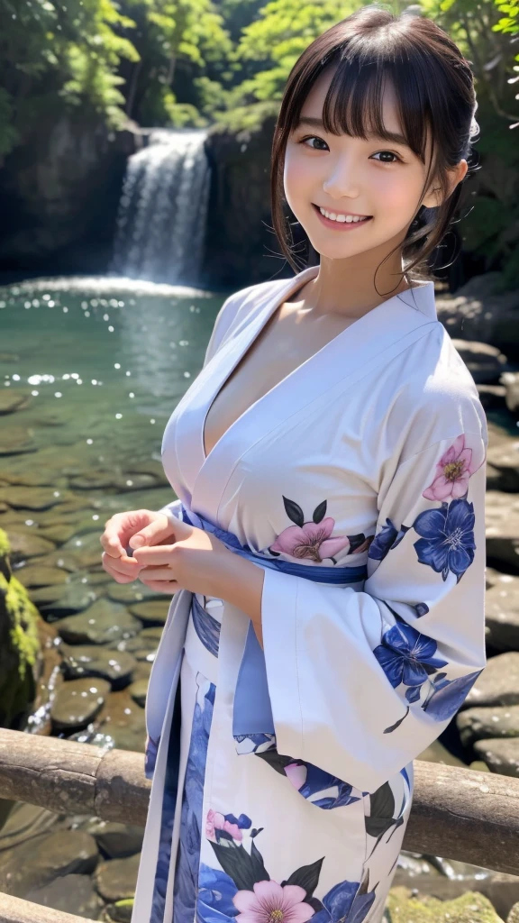 A very large waterfall、In front of Kegon Falls in Oku-Nikko、Watching the waterfall、Admire the waterfall、Overtaking High Resolution、Her breasts overflow from the collar of her kimono.、(Real: 1.4)、Raw photo、Highest quality、(Photorealistic)、concentrated、Soft Light、((12 years old))、((Japanese))、(front、Young Face)))、(Depth of Limit）、（one piece）、masterpiece、（Photoreal）、woman、bangs、1 beautiful Japanese model、12 years oldwomanモデル、4K、high resolution、bangs、Black Hair、kimono、white and blueflower Long-sleeved kimono、Japanese style floral pattern:1.5、A cute face like an idol:1.4、Slim and beautiful body、Beautiful breasts、Laughter、Esbian all over body:1.2、Enhanced Dynamic Perspective、Cute cute beautiful girl、Beautiful Skin、look at me and smile、Simple Background、Masterpieces、high resolution、4K resolution、Overtaking