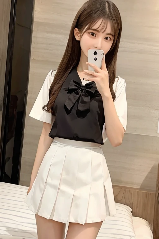 Gravure idol pose　Hotel　bed　uniform　White clothes　high resolution　Not too small bust　Black Mini Skirt　Shorten your skirt. Height 157cm