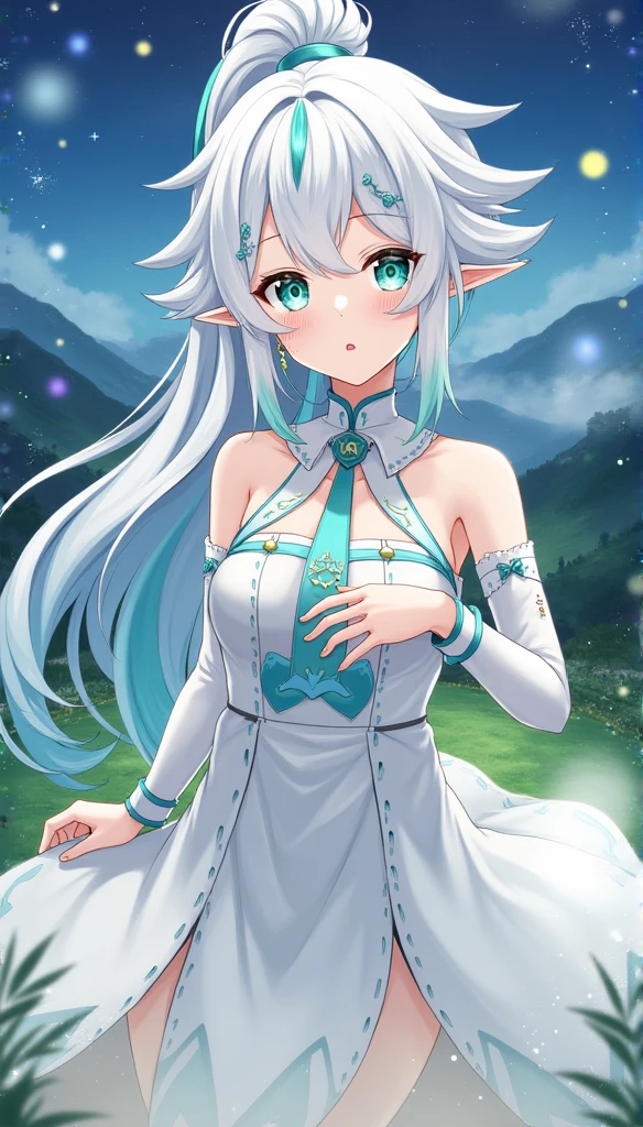 masterpiece, best quality,  olha, hair ornament, white dress, bracelet, sash, cowboy shot, from side, looking at viewer, smile, tail, forest, sky, clouds <lora:olha-nvwls-v1-000009:1>