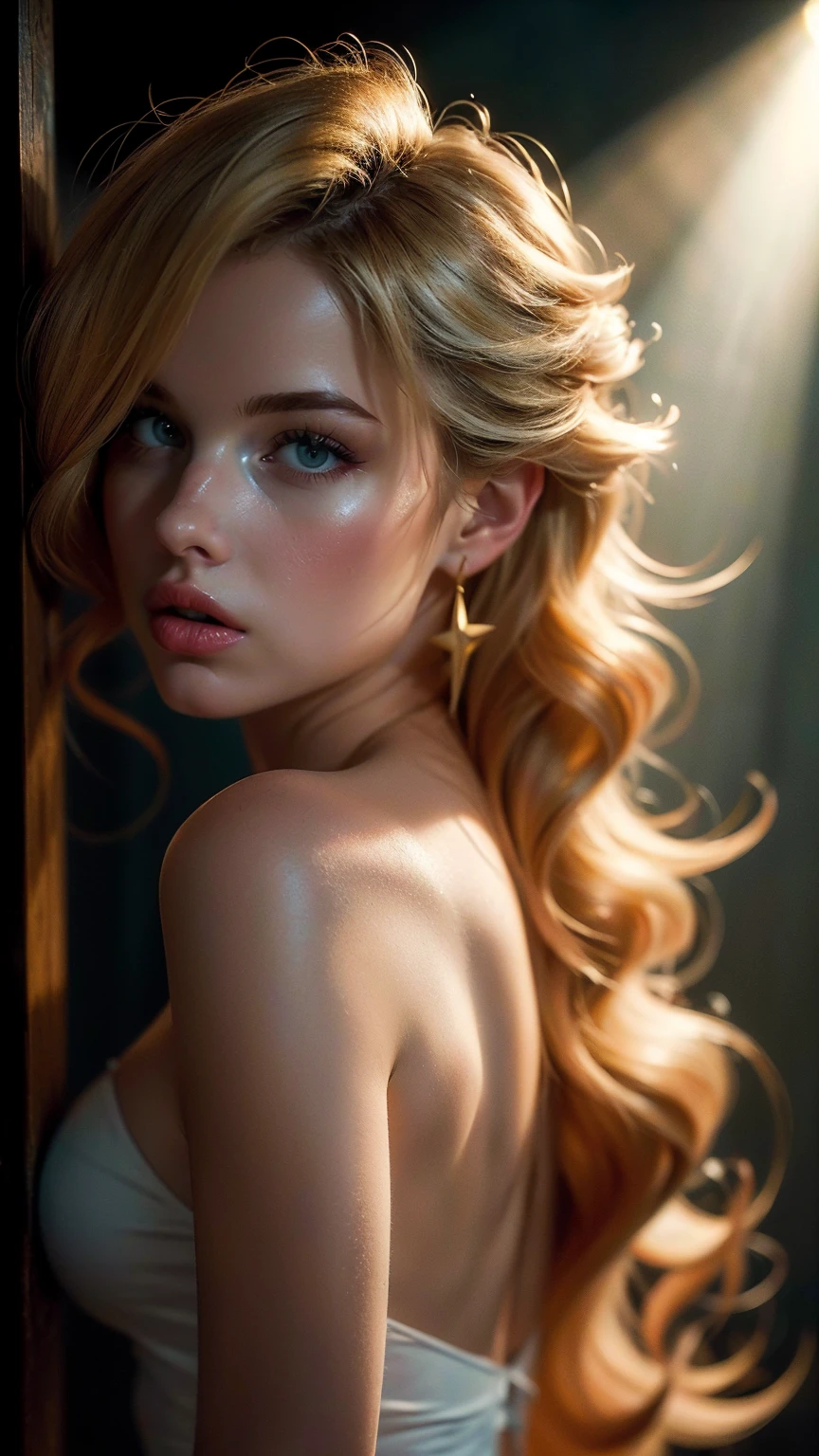 (((ultra realistic))) Photo, masterpiece, top quality, (pale skin), (Ultra detailed face and eyes:1.3), 1 girl, Adult, In Lifchik, ((Eye makeup, pink mascara)), ((large detailed lips)), ((pink wavy hair)), ((Chyolka)) , (Natural breasts), Slim waist. ((Posing)), photoshoot, studio (contour lighting), (The play of light and shadows), depth of field, bokeh, (special attention to skin detail: 1.2), Detailed leather texture, skin pores. (Light atmosphere of the frame. Color range - delicate, Bright, Yellow tones), UDR, ((Film grain)), ((rays)), (Glare), ((Photo from the back)) , ultra detialed, Rosalina