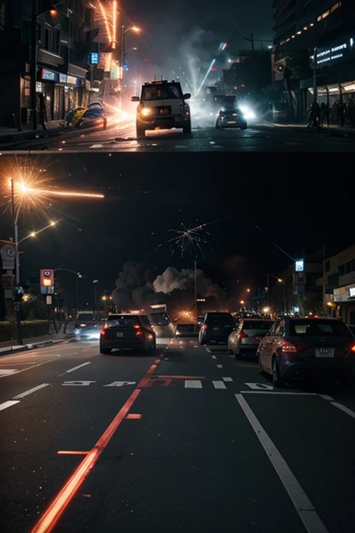 disorder: The ships begin to shoot laser beams towards the ground, causing chaos. The camera shows people running, buildings collapsing, and vehicles stuck in traffic, trying to escape.