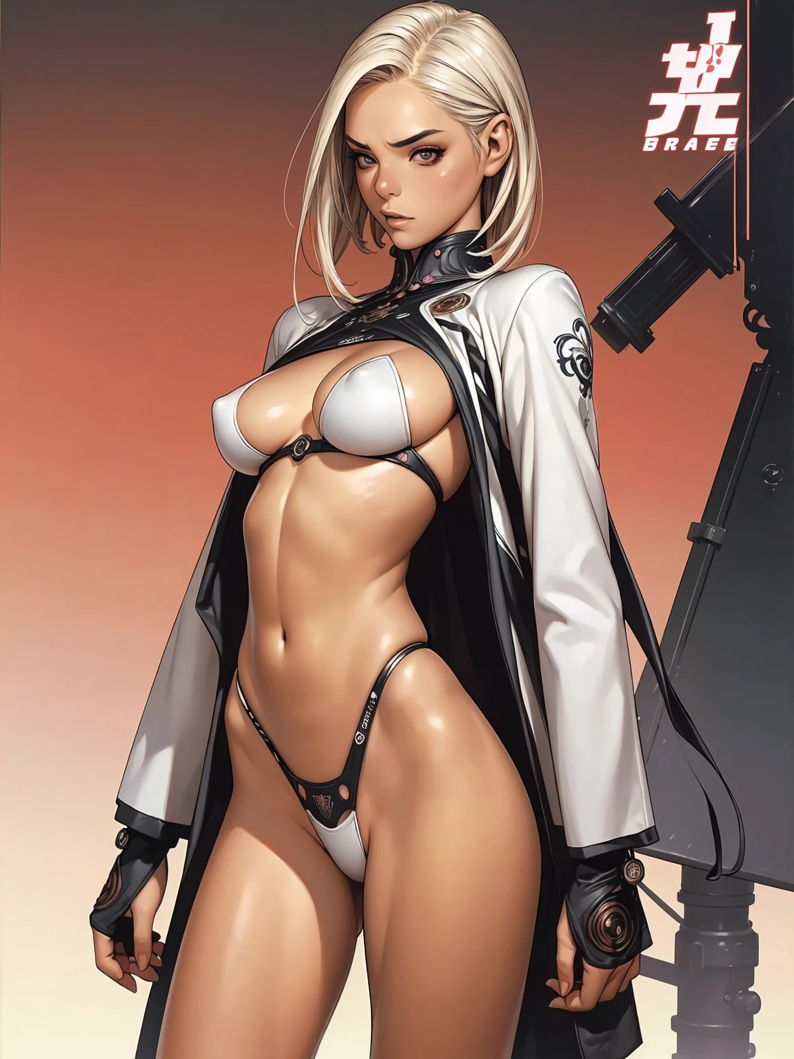 (((best final quality))), (((white bob hairstyle))), ssmile(((standing alone:1.2))),(((1 girl:1.2))),((((beautiful perfect woman)))),(((perfectbody detalhado, perfect finger detailed))),((((((final film poster)))))),(((to burst, close up))),((((detailed complicated machine)))),(((((mechanical genius))))),(((American comics))),(((extreme highlights))),(((extremely colorful, primary colours))),neckleace, super beautiful lady,(((Typography))),text, (Unbeatable masterpiece), (hiper HD),(CG 8k hyper-realistic), (((brave face))), (((breasts big))), (((hyper feminine))), (((musclegirl))), sexly girl, king of fighter,(straight hair with thin braids)), ((( sculptural body ))), (((1 girl))), garota de 25 anos com perfectbody,,Beautiful and well-groomed face,muscular body:1.2,solid color detailed jacket, (Head to thigh photos), Complex equipment, (((standing alone))), pirralha violent, ((())), sexly, pose de atitude, work of art, post-apocalypse, (((manga style))), bounty hunter, violent, Manic, the way you want, slenderbody, thin but strong, perfectbody, roupa moderna, advanced technology, neon, sleeves with vertical striped pattern, intricate background, (( cowboy shot )). intricate visual