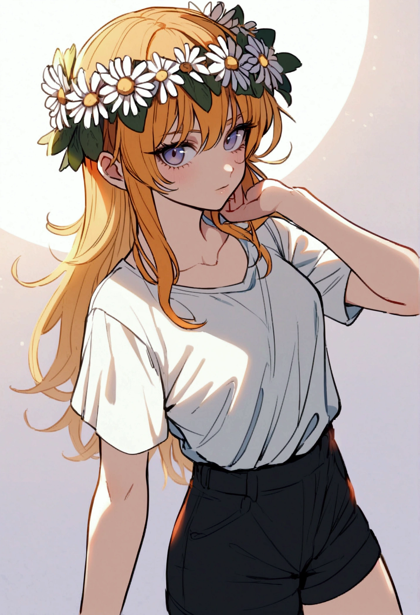 Femboy, carrot hair, A wreath of daisies on the head, blue gyaza, Russian appearance, white t-shirt, black shorts