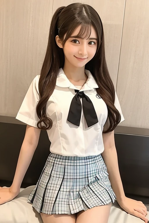 Gravure idol pose　Hotel　bed　uniform　White clothes　high resolution　Not too small bust　Black Mini Skirt　Shorten your skirt. Height 157cm