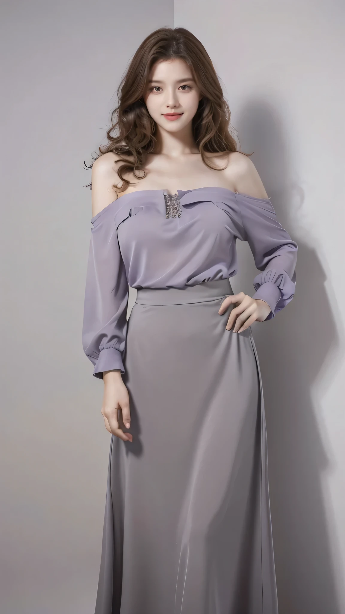 detailed background, masterpiece, best quality, 1 person , curly hair, long hair, purple eyes, star in eye , grey Strapless blouse, long skirt, grey, tight , grey blouse