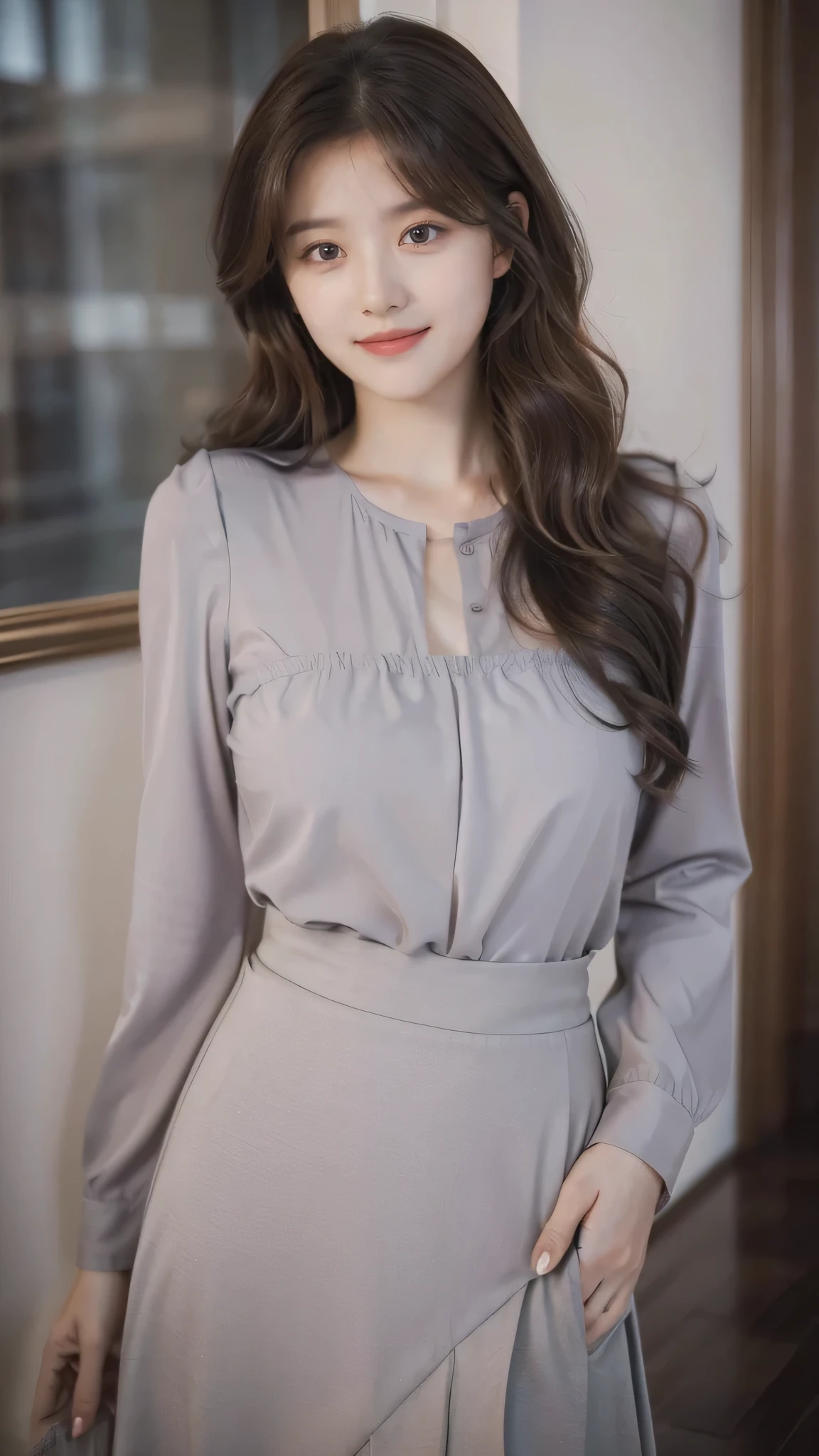 detailed background, masterpiece, best quality, 1 person , curly hair, long hair, purple eyes, star in eye , grey Strapless blouse, long  skirt, grey, tight , grey blouse 