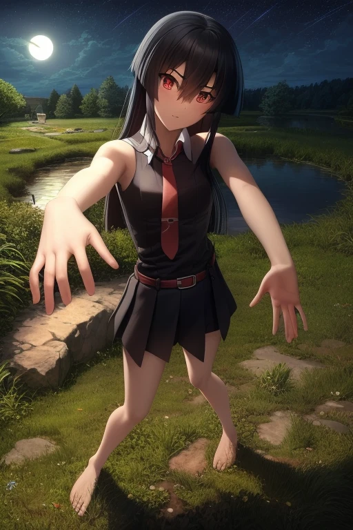 masterpiece, best quality, 1girl, akame (akame ga kill!), akame, long hair, black hair, red eyes, hair between eyes, skirt, dress, necktie, sleeveless, belt, shirt, black shirt, collared shirt, red necktie, black skirt, bare feet, standing, grass, lake, landscape, night sky, full moon, night light, backlighting, dark background