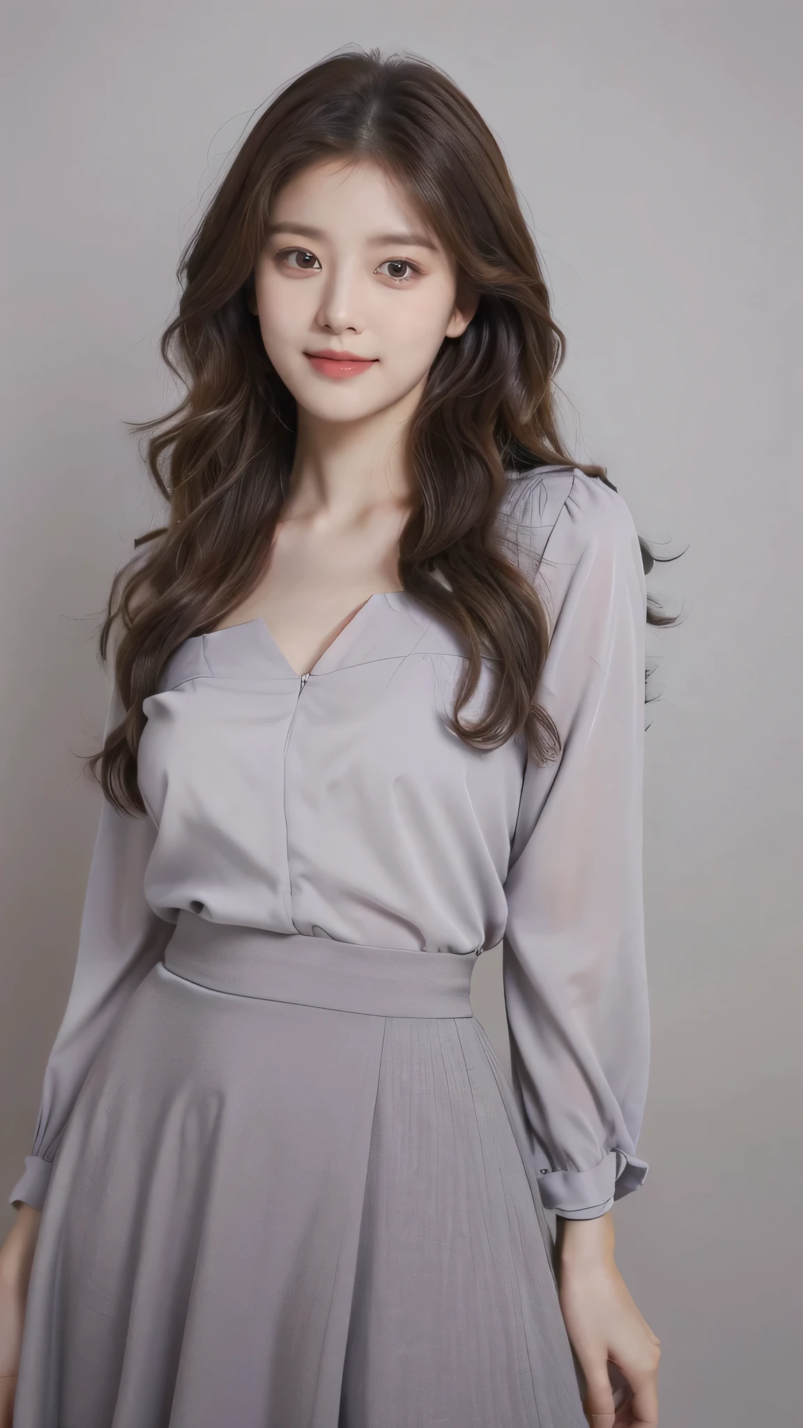 detailed background, masterpiece, best quality, 1 person , curly hair, long hair, purple eyes, star in eye , grey Strapless blouse, long skirt, grey, tight , grey blouse