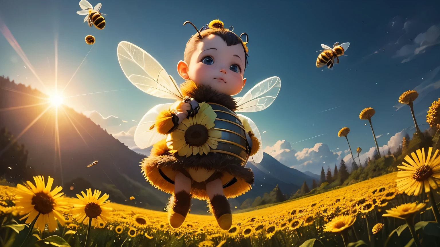 animated  bee, tender, magical world, in the background a colony of babys flying, illuminated sun, beautiful flowers, dandelion, 