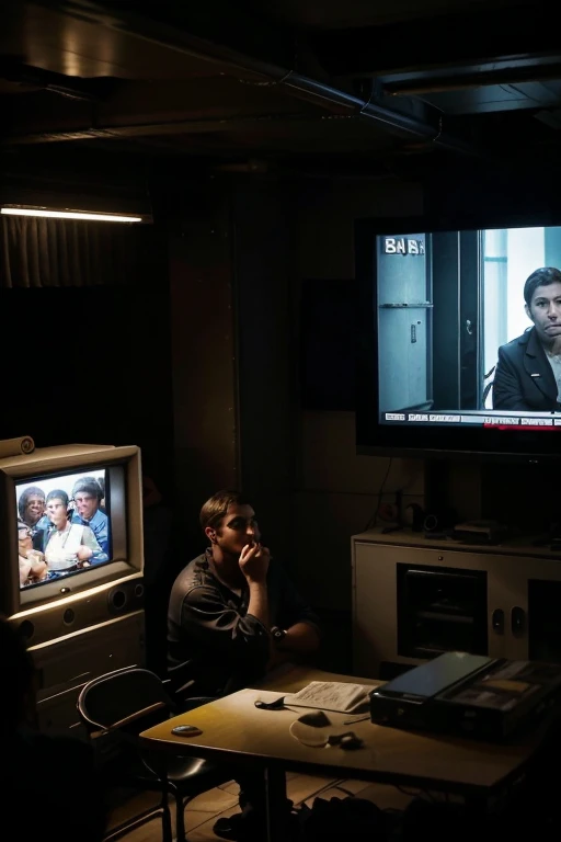 hopelessness: A group of people takes refuge in a basement, watching the news on an emergency television. The news reports that the ships are blocking communication signals and that resistance is minimal. People seem worried and tired.