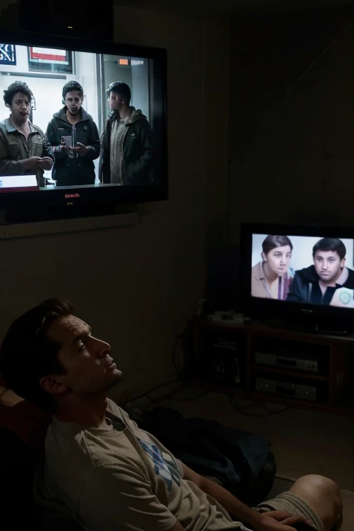 hopelessness: A group of people takes refuge in a basement, watching the news on an emergency television. The news reports that the ships are blocking communication signals and that resistance is minimal. People seem worried and tired.