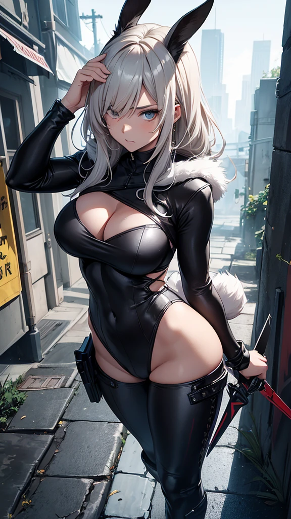 (masterpiece), best quality, expressive eyes, perfect face, perfect body, fitness body, abs, ripped physique, ((full body view)), ninja shoes, standing
Name: Hanae "Moonwhisper" Kaito
Appearance: Hanae has long, fluffy rabbit ears and a fluffy tail to match. Her eyes are an piercing emerald green, and her hair is a wild tangle of silver-blonde locks. She wears a sleek black jumpsuit with a hood to conceal her identity, and carries an array of deadly daggers and short swords.
Personality: Hanae is a silent and deadly assassin, with a calm and collected demeanor. She is fiercely independent and non-conformist, often taking on missions that challenge the status quo. Despite her tough exterior, she has a soft spot for children and the innocent.
Setting: The city of Tenebrous, a dark and foreboding metropolis shrouded in perpetual twilight. Tenebrous is a hub of corruption and crime, where powerful syndicates and shadowy organizations vie for control. The city is divided into four quadrants, each controlled by a different faction, and Hanae navigates this treacherous landscape with ease.
Hanae's missions often take her through the winding alleys and rooftops of Tenebrous, where she must use her agility, stealth, and cunning to outmaneuver her foes. Her ultimate goal is to bring down the tyrannical regime that controls the city, and restore hope to its oppressed citizens.