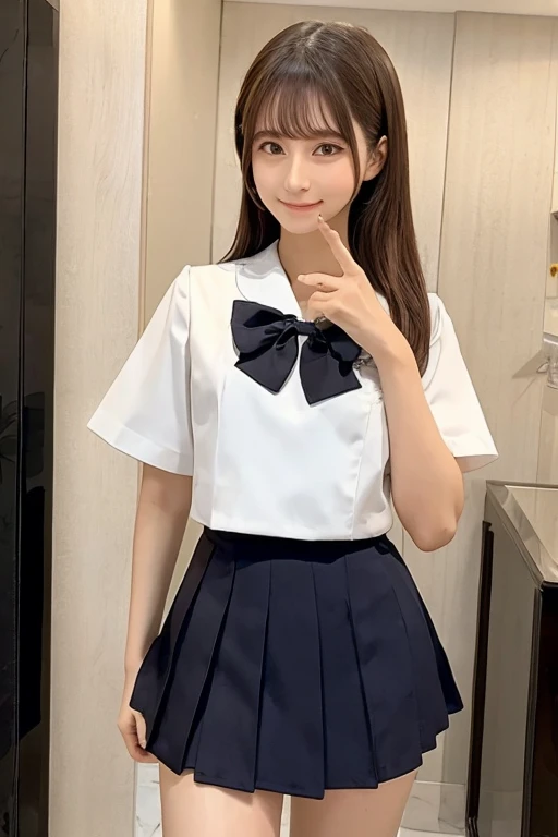 Gravure idol pose　Hotel　bed　uniform　White clothes　high resolution　Not too small bust　Black Mini Skirt　Shorten your skirt. Height 157cm