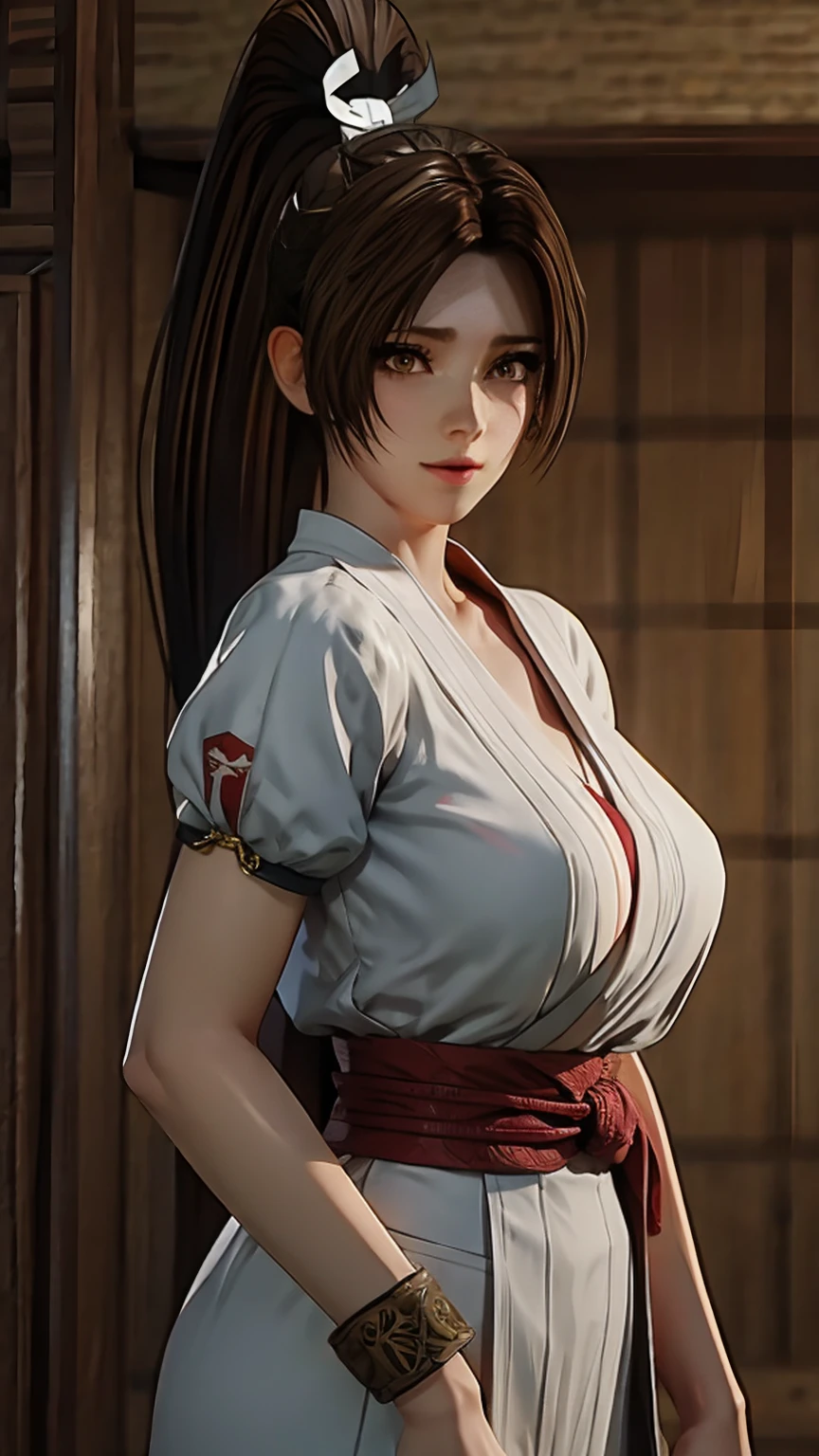 full height, tied, brown hair, ponytail (Mai Dead of Alive)