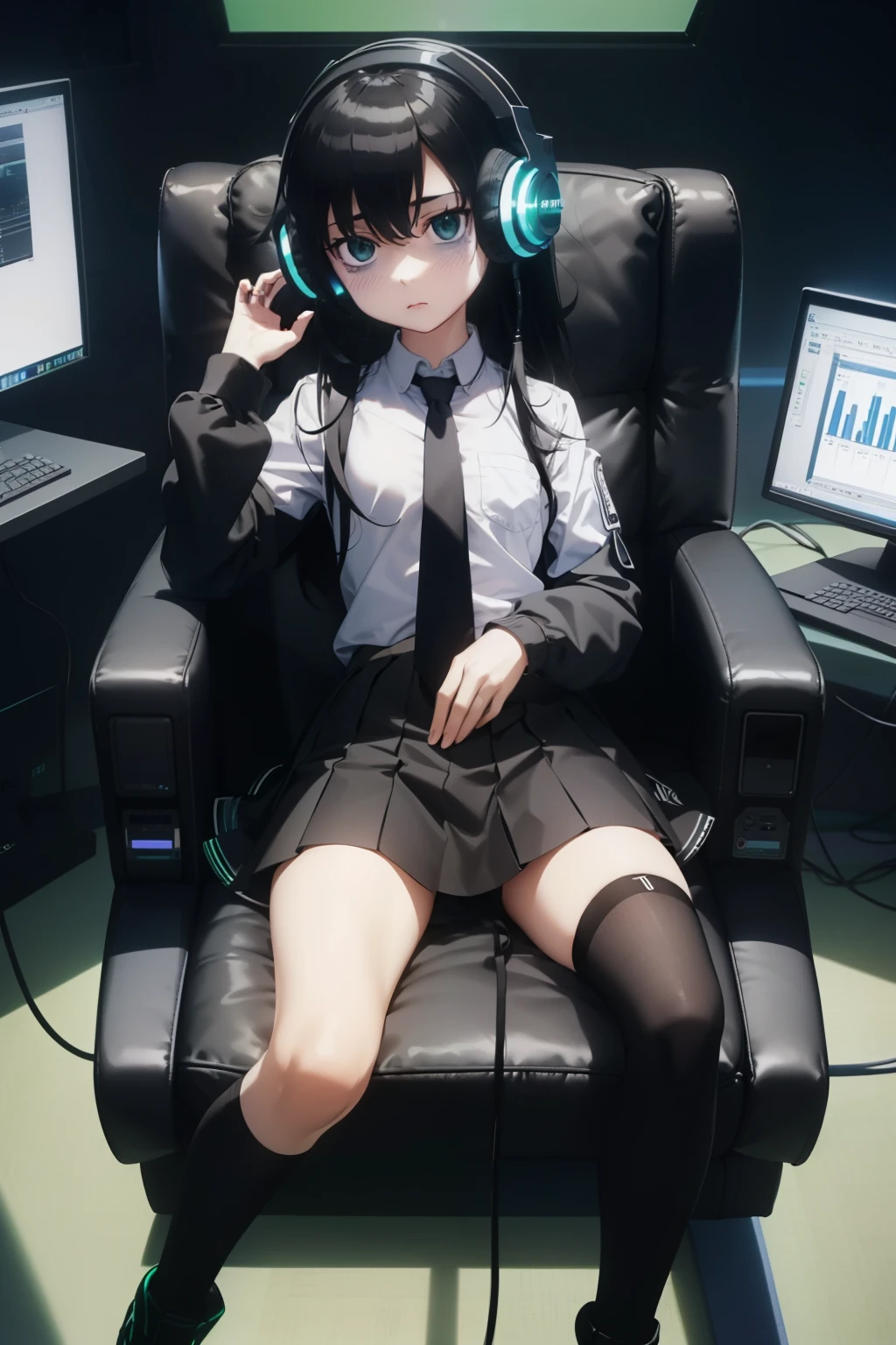 ultra realistic, girl, long black hair, headphones, sitting, slumped in an armchair, in a futuristic cabin, surrounded by monitors, and olographic screens , view from above, green lights , flat chest, pre-adolescent. She looks with shy , mini-skirt , visible panties. open legs , pantie 