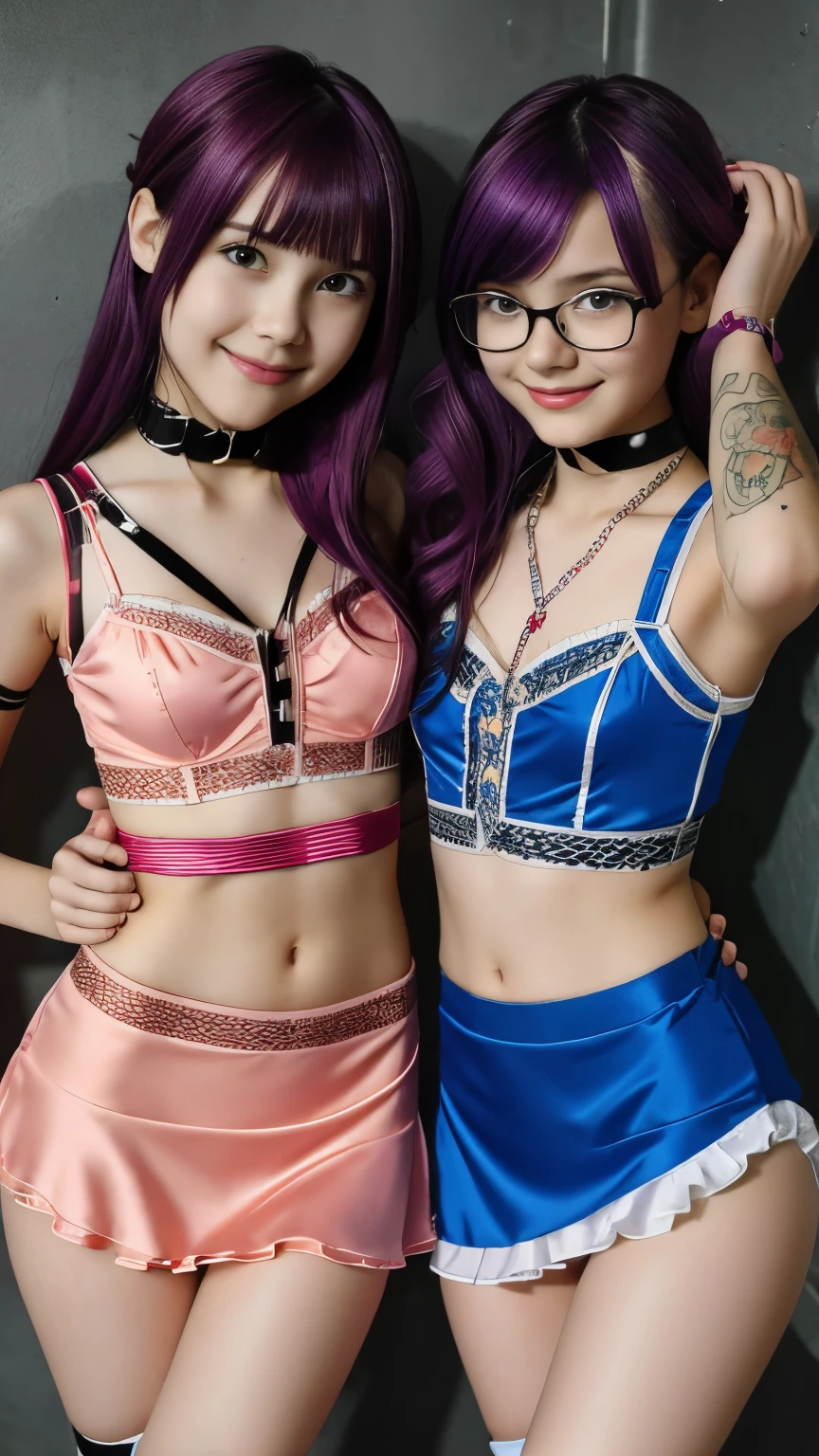 two 18 year old tween girls trying on cute clothes, two close friends, K-pop idol, colored hair, collar, skinny body, detailed face, young asian models, perfect proportions, tattoo, touching each other, straps, innocent, enticing, garter with stockings, glasses, kawai cosplay girls, strapped colored dresses with cutouts and slits, bright playful, thin model, cute young teen girls, shibari, tied, arms tied, legs tied