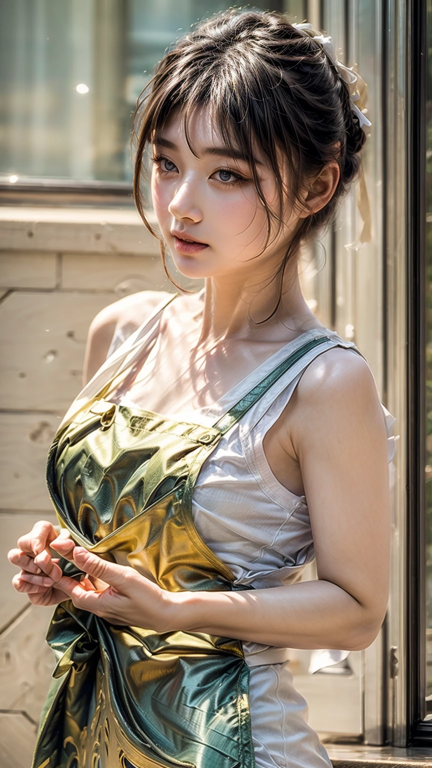 a beautiful maid wearing only an apron,extremely detailed face and eyes,beautiful detailed lips,longeyelashes,intricate details,photorealistic,hyperrealistic,4k,8k,highres,masterpiece,ultra-detailed,extremely fine details,studio lighting,bokeh,vibrant colors,natural lighting,elegant,graceful pose,maid uniform,detailed frills and lace,porcelain skin,delicate features