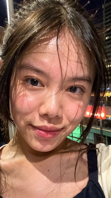 Masterpiece, best quality, ultra high res, realistic, (photorealistic:1.4), photography, rule of third, 1girl, blunt bangs, black hair, (the girl wearing black sailor uniform), (at the top of building:1.1), night, city light, cinematic lighting, 80s filter, detailed face , looking at viewer, close up shot, (selfie:1.1), pov