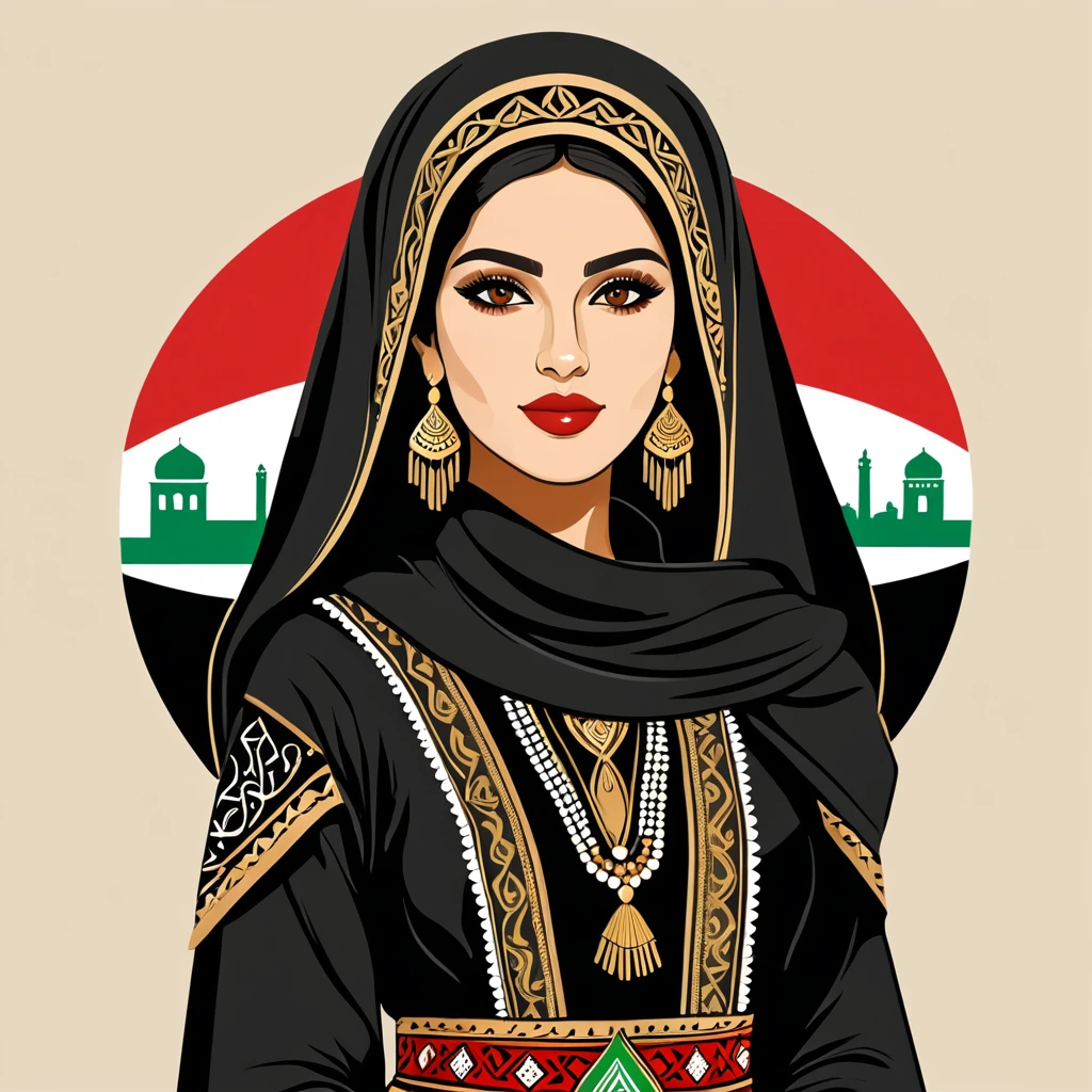 woman in iraq folk outfit, vector graphics, strong contours, logo design
