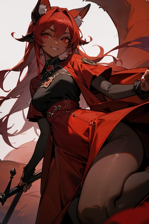 Female, dark red skin, horns, fox tail, Seins, Cheveux Courts, Cheveux Roses, Oreilles de Renard, Boucles d'Oreilles Créoles, Yeux Roses, Maquillage, Crocs, Sourire en Coin, Lèvres Rouges, Fond simple, 