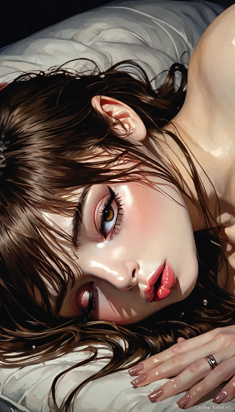 a sexy girl lying down 1 girl, sleeping, brown hair, eyes closed, pillow, lying down, blushing, hair ornament, alone, sideways, sexy, naked, masturbation, dildo, vagina fluids, (best quality, masterpiece, ultra detailed, illustration 1.2 ), (8K wallpaper), (beautiful detailed eyes 1.2), beautiful, amazing and detailed eyes, (detailed skin) between shadows, oil painting, chiaroscuro, sensual, dramatic lighting, moody atmosphere, photorealistic, intricate details, masterpiece, ultra-detailed, high quality, 8k, best quality, realistic, cinematic, dark and brooding, expressionistic, powerful composition, emotional impact, Bill Sienkiewicz inspired art