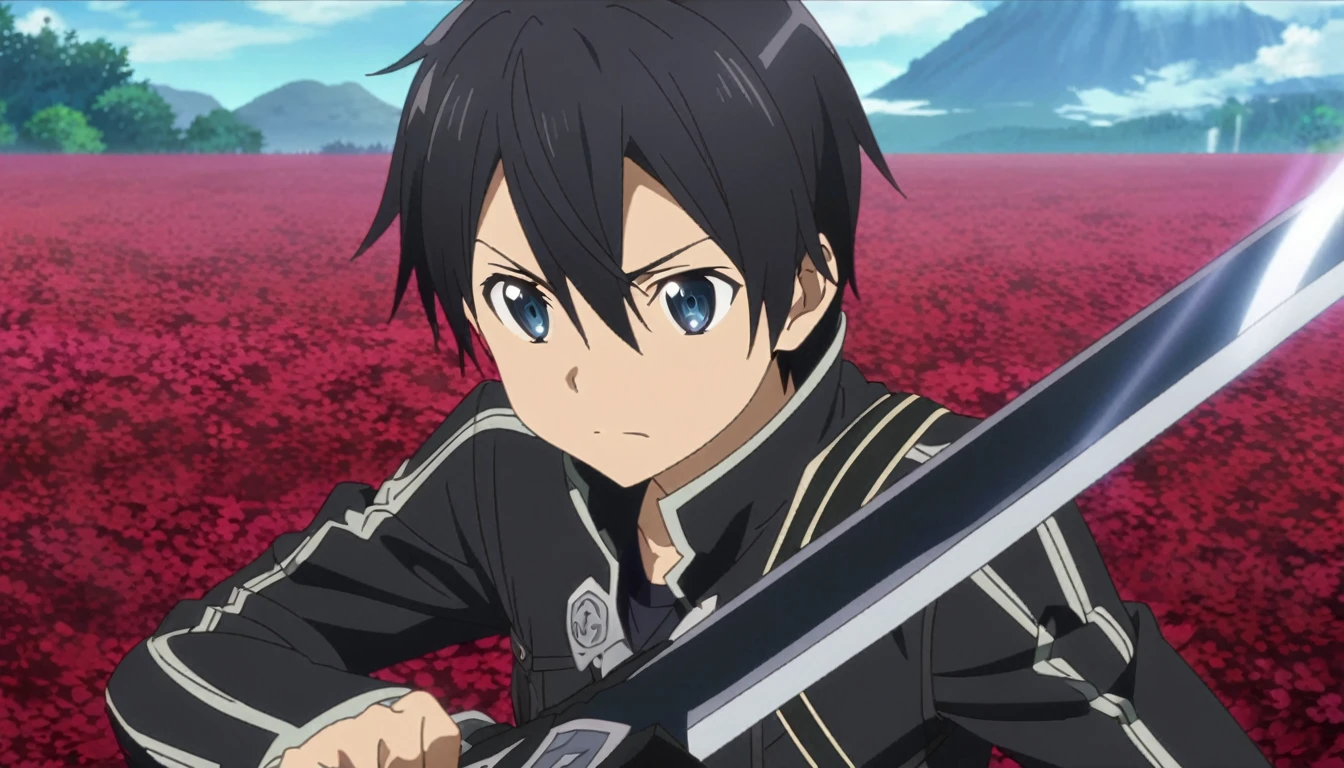 a close up of a person holding a sword in a red field, kirito, sao style anime, sword art online, popular isekai anime, alicization, screenshot from the anime film, still from anime, in the anime film, sao, still from tv anime, 2 0 1 9 anime screenshot, dramatic wielding sword pose, with large sword