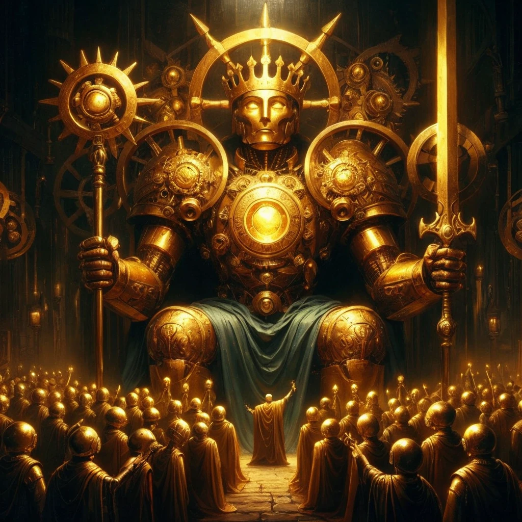 dark oil painting a a giant medieval robot made of solid gold, bald, wearing a crown, very serious robot face, with a giant glowing docent in the center of his chest, sitting on a throne made of golden gears. holding a sword in one hand and a staff topped by a giant gear in the other looking out over a crowd of medieval robots in golden robes kneeling at his feet blessing them with golden light