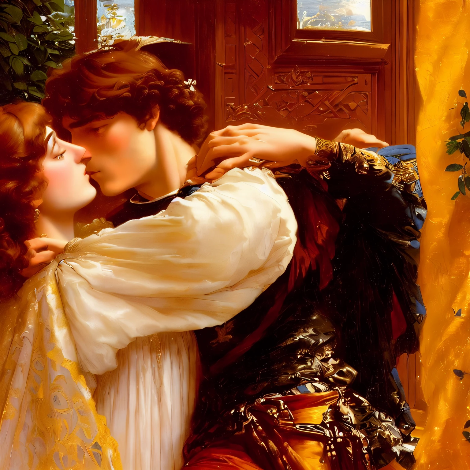 painting of a man and woman kissing in front of a window, by Frederick Lord Leighton, frank dicksee, by Frederic Leighton, romantic era painting, ledmund leighton, romanticism painting, romeo and juliet, romanticism art style, romantic painting, the kiss, pre-raphaelite oil painting, peasant boy and girl first kiss, by Edmund Leighton, edward hughes