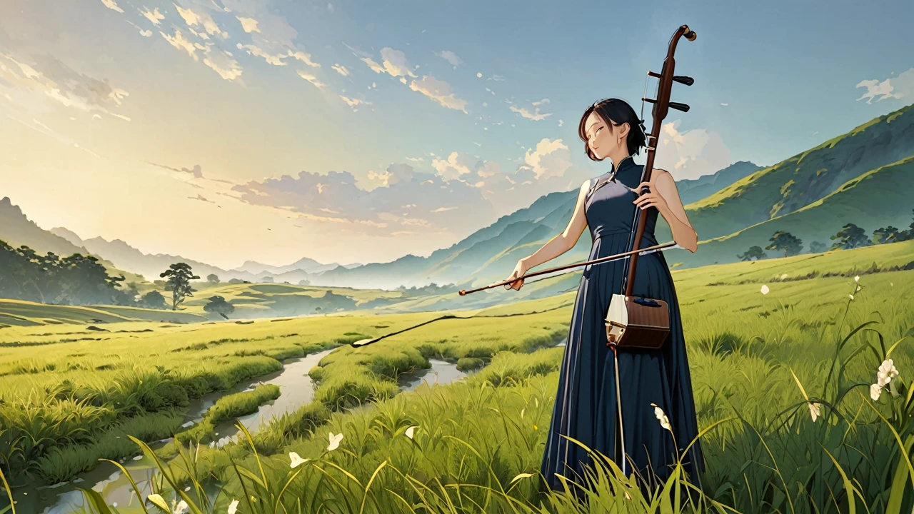 1Uncle,short hair,play erhu,Holding Erhu,,, (((masterpiece,best quality))),((Good structure,Good composition,Good atomicity)), ((grassland, The original,beautiful)),