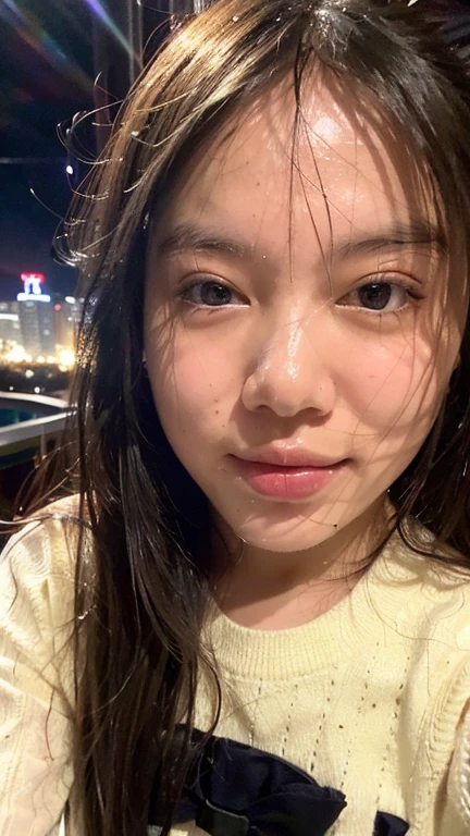 Masterpiece, best quality, ultra high res, realistic, (photorealistic:1.4), photography, rule of third, 1girl, blunt bangs, black hair, (the girl wearing black sailor uniform), (at the top of building:1.1), night, city light, cinematic lighting, 80s filter, detailed face , looking at viewer, close up shot, (selfie:1.1), pov