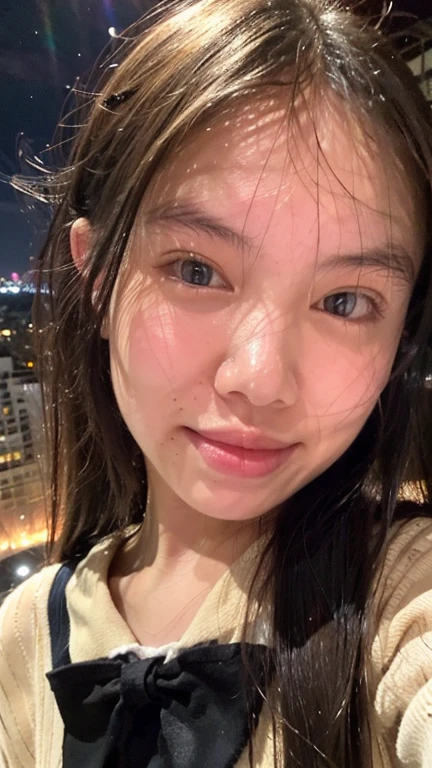 Masterpiece, best quality, ultra high res, realistic, (photorealistic:1.4), photography, rule of third, 1girl, blunt bangs, black hair, (the girl wearing black sailor uniform), (at the top of building:1.1), night, city light, cinematic lighting, 80s filter, detailed face , looking at viewer, close up shot, (selfie:1.1), pov