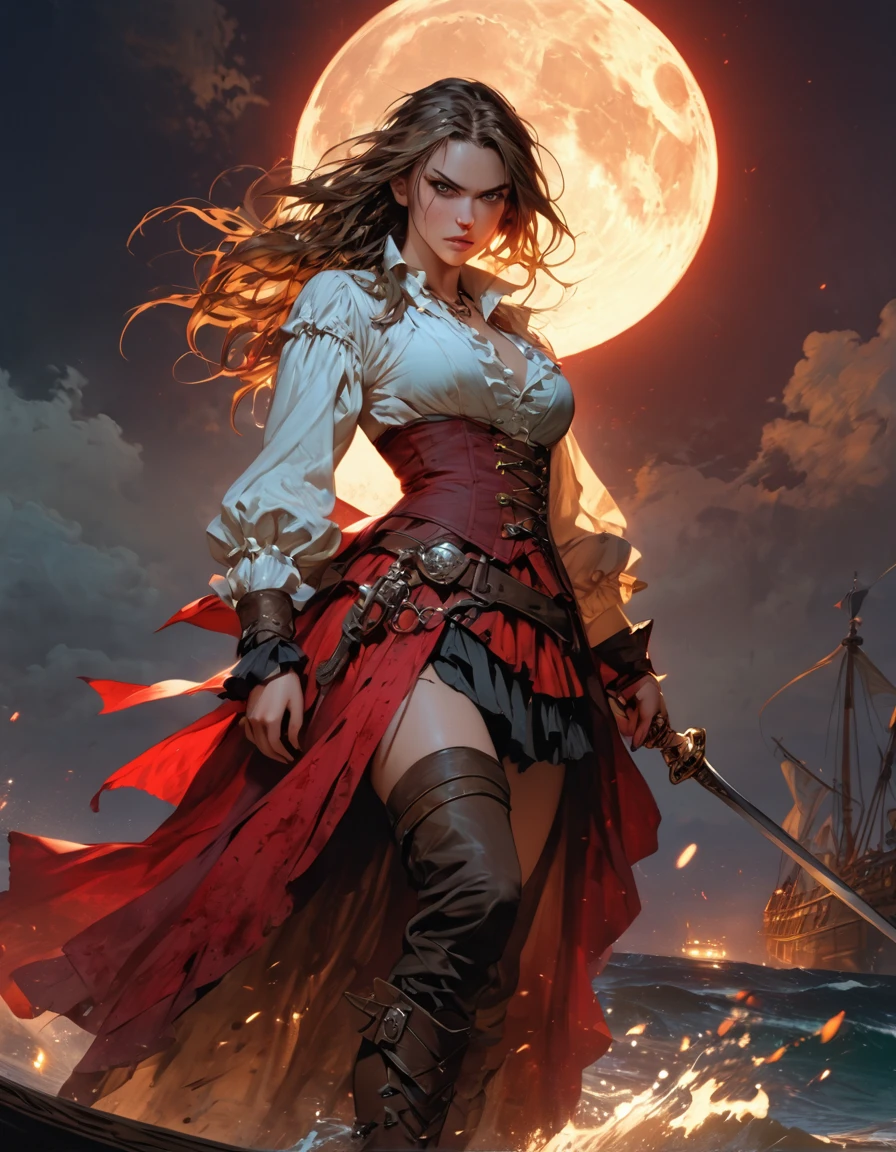 a portrait of a woman vampire pirate queen on a pirate ship ready for battle, ((full body: 1.5)), ((anatomically correct: 1.5)), (ultra detailed face: 1.2), looking tense, looking dangerous, dynamic eye color, glowing eyes, dynamic hair color, dynamic hair style dynamic skin complexion, wearing 18th century white button shirt, with ((stains of blood: 1.3)), busty , wearing wearing high heeled boots, it is night time at sea, moon is high, some clouds,18th century pirate ship background, vibrant, Ultra-high resolution, High Contrast, (masterpiece:1.5), highest quality, Best aesthetics), best details, best quality, highres, 16k, (ultra detailed: 1.5), masterpiece, best quality, (extremely detailed) RAW, (ultra details, Masterpiece, best quality), Hyperrealism style, holding sword, Intense gaze, holding sword rapier, vampire teeth, BloodSoakedAI, holding sword, Dark Art Painting Style