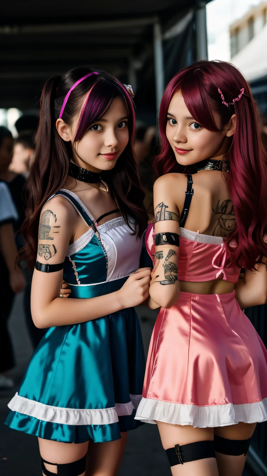 18 year old tween girls at a music festival, two close playful friends, perfect young  models, colored hair, kawai cosplay girls, colored short dresses, dress with straps, choker, skinny body, innocent, garter with stockings, good lighting, glasses, bright playful, thin model, beautiful young teenls, tattoos, silk panties, dress with cutouts, sensual, shibari, playful pleasure 