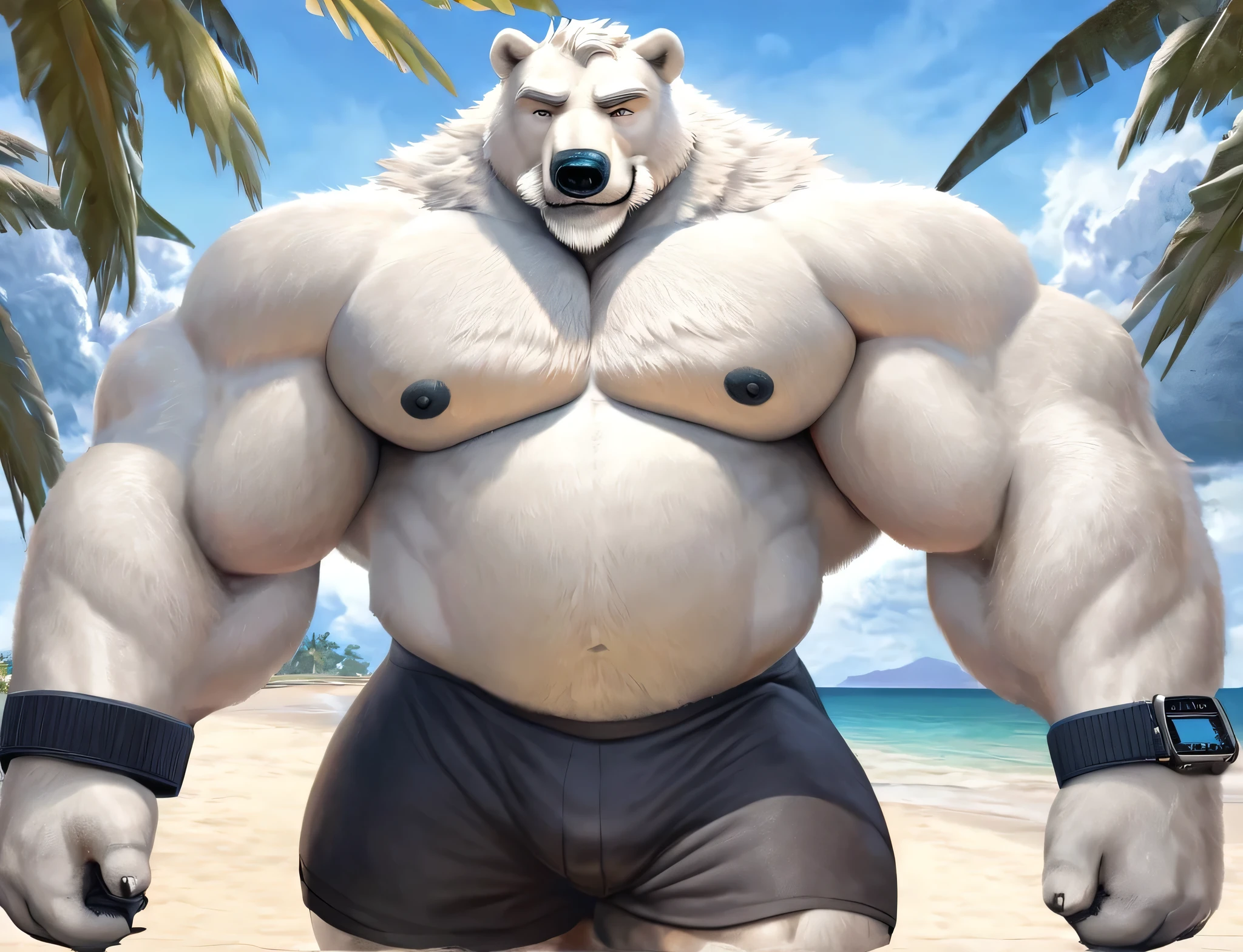 huge muscular old polar bear Dad in Tropical Beach, big smirk, polar bear, huge white fur, thick arm, huge arm, bearded. Short white hair and white beard, white mustache, bearded white, (muscular, pectoral, wide pectoral, thick arms), correct anatomy, beach, palm, realistic, added grayish eyebrows, deatiled eyes with blue pupils, 8k, masterpiece, (wearing black shorts, wristband, watch and shirtless), straining, gainig massive muscle power