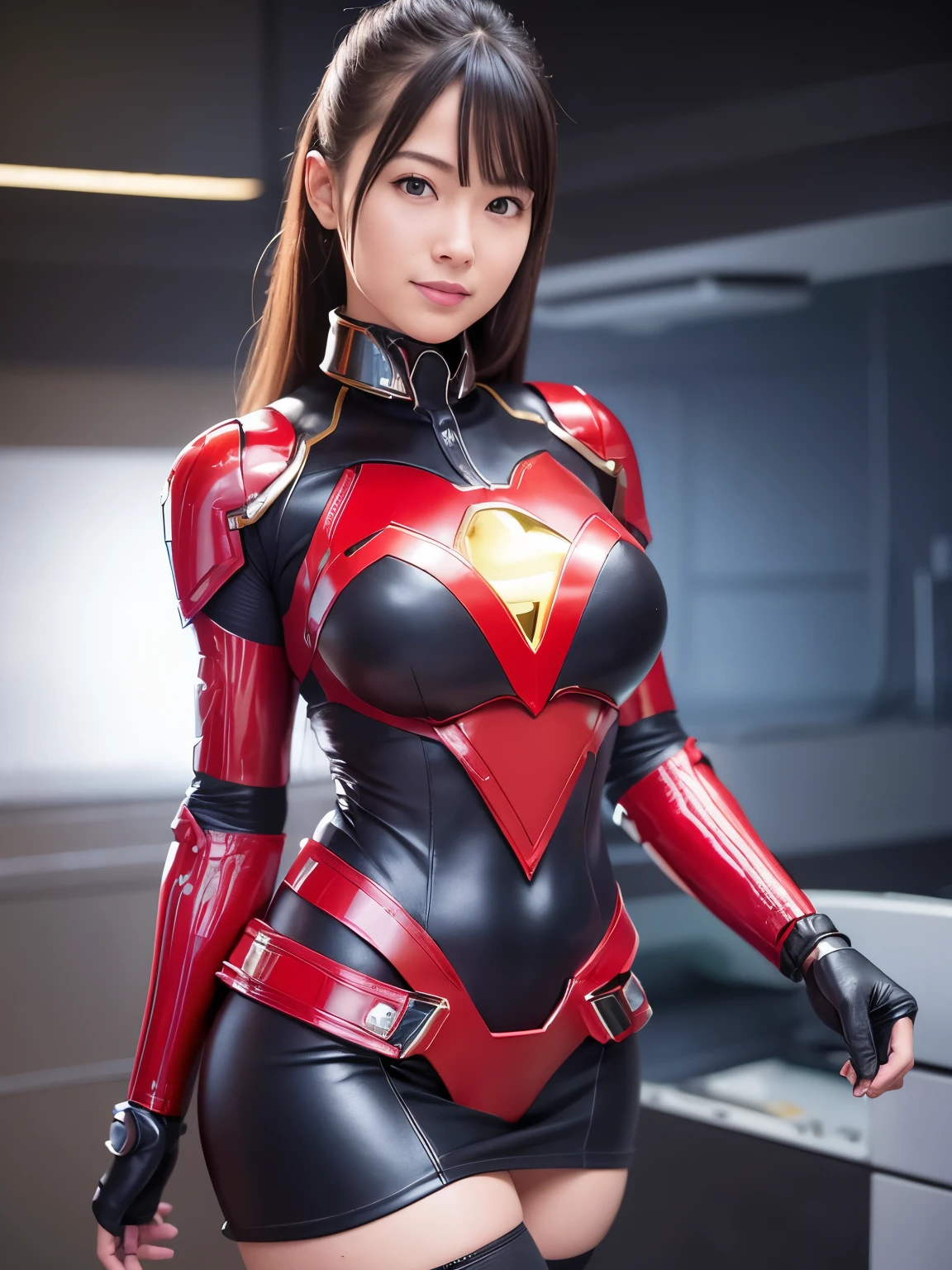 Highest quality ,High resolution,masterpiece:1.2), Very detailed, Realistic:1.37, (Perfect Anatomy), whole body,1 girl ,Transform into a cute superheroine cyborg,Japanese young girl,(Big smile), Very cute face,Beautiful Eyes, Detailed facial features, (Big smile), Attention to detail in costumes, Great eyes, ,Beautiful Lips, ,A skin-tight, shiny, futuristic red superheroine outfit with skirt and boots,(The background is a cyborg conversion operating room.:1.2)