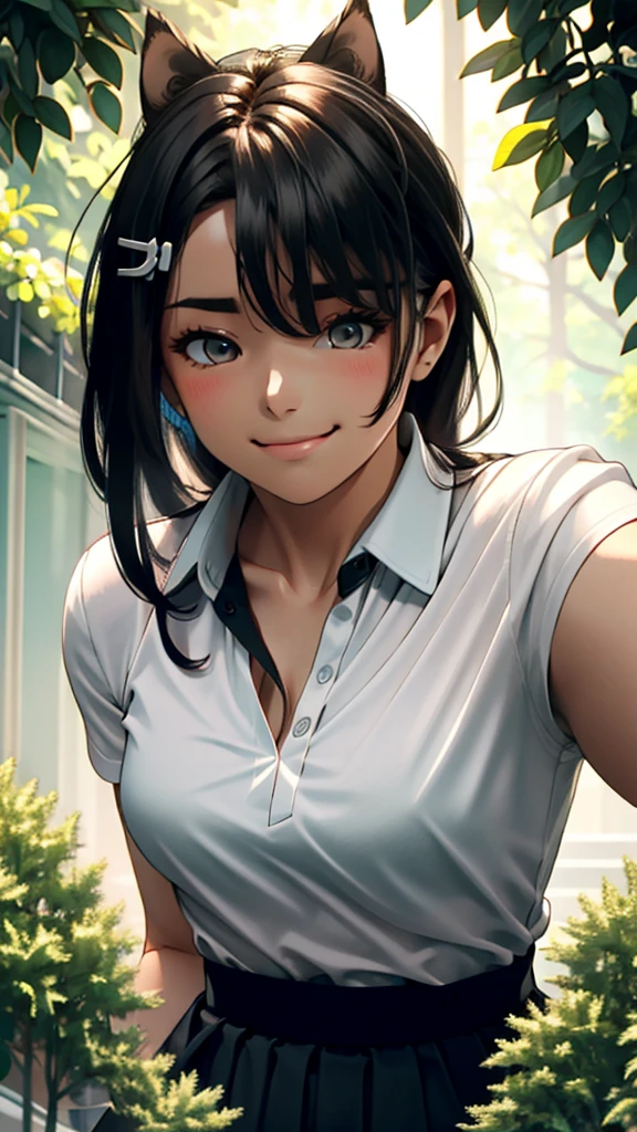 ((best quality)), ((masterpiece)), (details), one girl, sexy ((best quality)), ((masterpiece)), (details), one girl, sexy ((best quality)), ((masterpiece)), (details), one girl, full body, sexy expensive body, expensive, long legs, mature woman, mature, adult, it_nagatoro_main, Hayase Nagatoro, one girl, blushing, alone, white polo shirt, short sleeves, black hair,brown eyes, hair accessory, looking at viewer, hair clip, smiling, long hair, dark skinned woman, dark skin, , bangs, daytime, skirt, collared shirt, collarbone, ear clip, mouth closed, tree, asymmetrical bangs, upper body