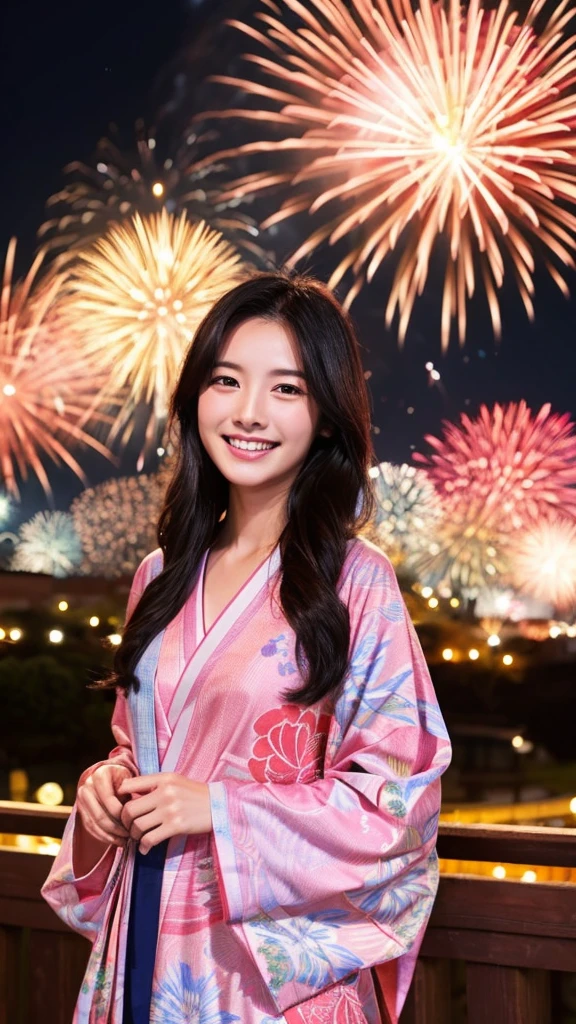 Masterpiece、Highest quality、Japanese、Beauty、Black Hair、smile、yukata、firework、night festival venue、Open front clothing、Tip of the chest、Pink Tip、