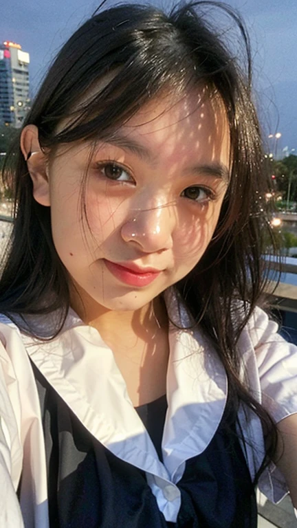 Masterpiece, best quality, ultra high res, realistic, (photorealistic:1.4), photography, rule of third, 1girl, blunt bangs, black hair, (the girl wearing black sailor uniform), (at the top of building:1.1), night, city light, cinematic lighting, 80s filter, detailed face , looking at viewer, close up shot, (selfie:1.1), pov