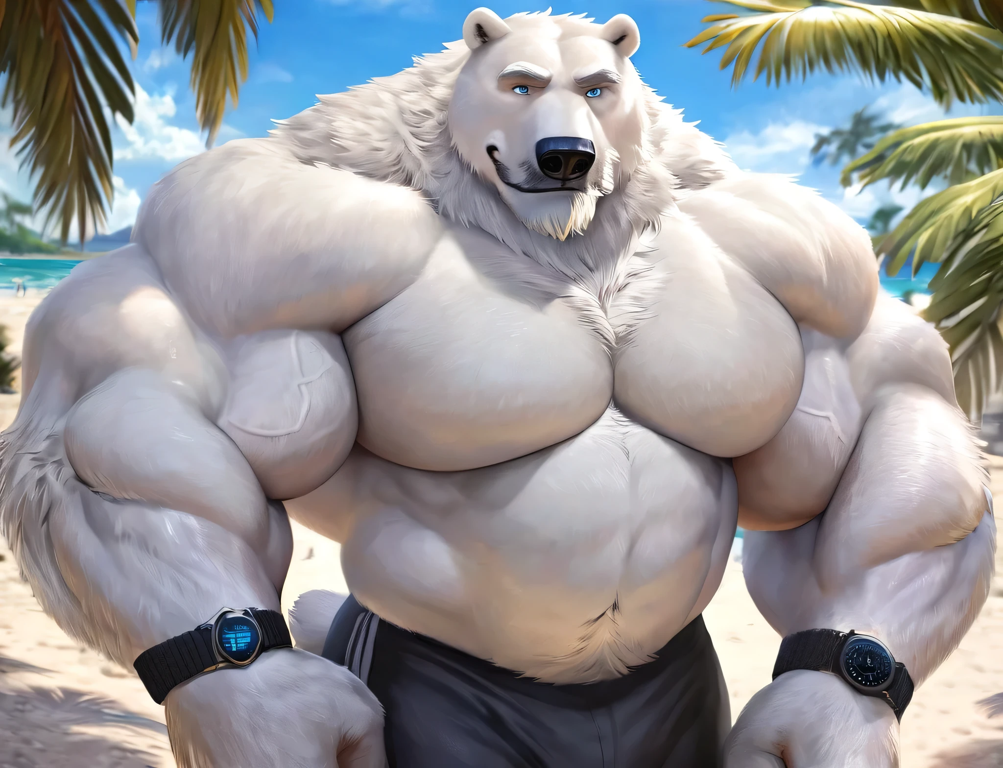 huge muscular old polar bear Dad in Tropical Beach, big smirk, polar bear, huge white fur, thick arm, huge arm, bearded. Short white hair and white beard, white mustache, bearded white, (pumped muscular, pectoral, wide pectoral, thick arms), correct anatomy, beach, palm, realistic, added grayish eyebrows, deatiled eyes with blue pupils, 8k, masterpiece, (wearing black shorts, wristband, watch and shirtless), straining, gainig massive muscle power