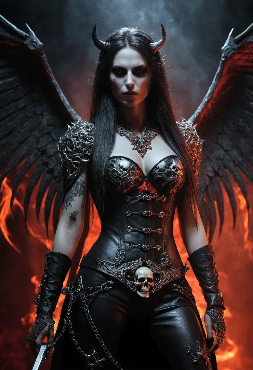 1_Woman, demoness, full height, very beautiful, long hair, smooth clean, white skin. photorealistic , cinematic picture , high detail , dynamic expressive image , detailed skin texture , graceful figure , sexy girlfriend of lucifer , tattoos , dark angel of the underworld , otherworldly gloomy image , another world , the vampire chronicles Brian Lumley , Gustave Dore , Divine Hell Dante Aligheri , Italian Renaissance, great art. Magic and cyberpunk mixed together. Warm gamut of colors, contrasting light with cold illumination from the side, expressing volume and shape, high-quality 3D visualization, rendering, a masterpiece. top quality , skull bone background , horror style , darkened , grainy , hazy . 2_Her body grace, grace, perfect figure, dark textured silhouette, high-quality 3D modeling, dark image, a woman with long hair, to the waist, black metal, tight leather pants, a rock star, a demonic image, a body in tattoos, vampire chronicles, a corset of belts, clasps and fasteners on the body, knives, skulls, bones are woven into her armor, Warrior of Darkness , the angel of hell. 3_High image quality, 4K | Ultra HD | Full HD, cinematic rendering, 3D visualization - a masterpiece, TOP computer graphics ART. Unity 8K full body rendering, motion capture, skin pores, dark lighting, strong shading, detailed, detailed face (bright, photorealistic, realistic, dramatic, dark, sharp focus, 8K). High detail textures, fabric, material, leather, metal, cadaveric decomposition, bones, skulls. Texture, high quality, (shades of gray, red, black, elements., metallic sheen), Magical amulets on the chest, cabalistic symbols. Film grain, dust and particles in the air. 4_ Background environment; Underworld - Hell, the River Styx, Souls of dead sinners, gorges with red-hot magma, red light, in a dark grotto, Darkness)!. Studio light, side, contrast of cold shadows and warm golden light. Behind the character of the body of the dead, dark dust, sulfur, whirlwinds of dead souls.