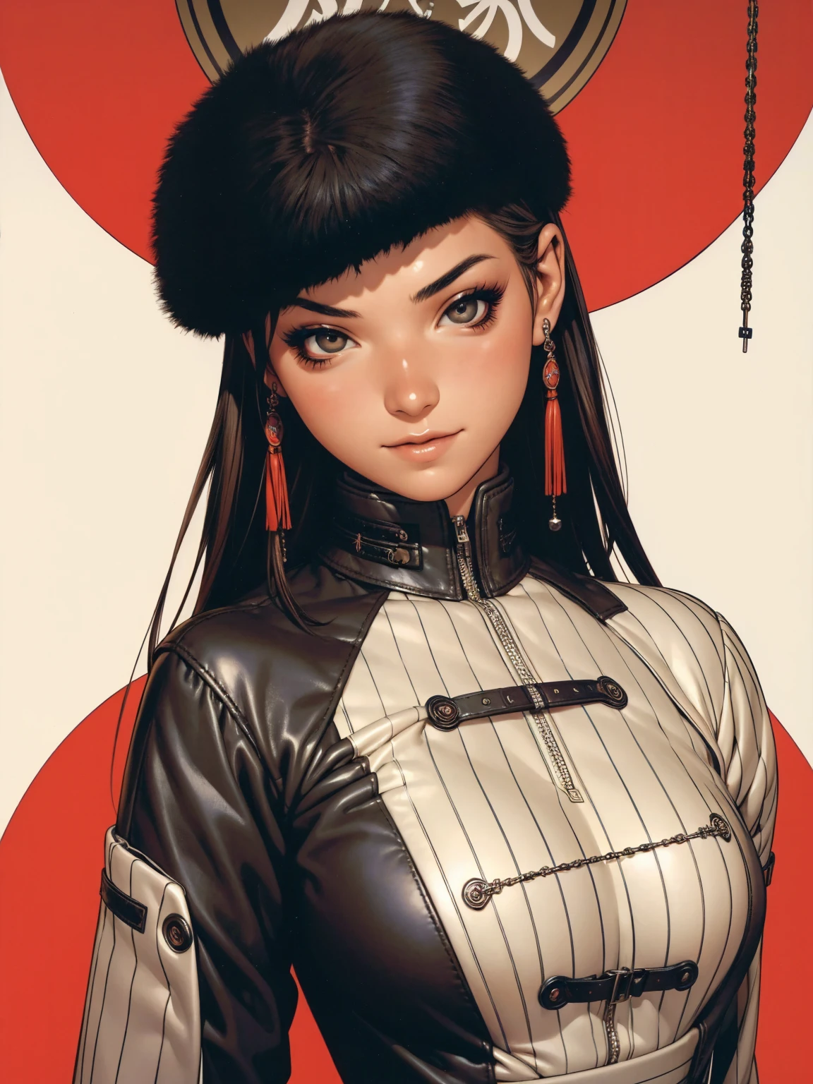 (((best qualityer))), (((manga strokes))), a young girl beautifully dressed in modern winter clothes, pants with red and black zig-zag pattern, top gift vertical stripes, short jacket with dark fur collar, beautiful and expressive face, slightly-smile, big eyes with long black eyelashes, heavy make-up, chains and zippers spread across clothes, contrasting colours, pose de atitude, hair with a modern and futuristic cut, urban game poster art, dramatic camera angles, graffiti art elements in the background, design mixing contemporary and retro by Shepard Fairey, (((cowboy shot)))