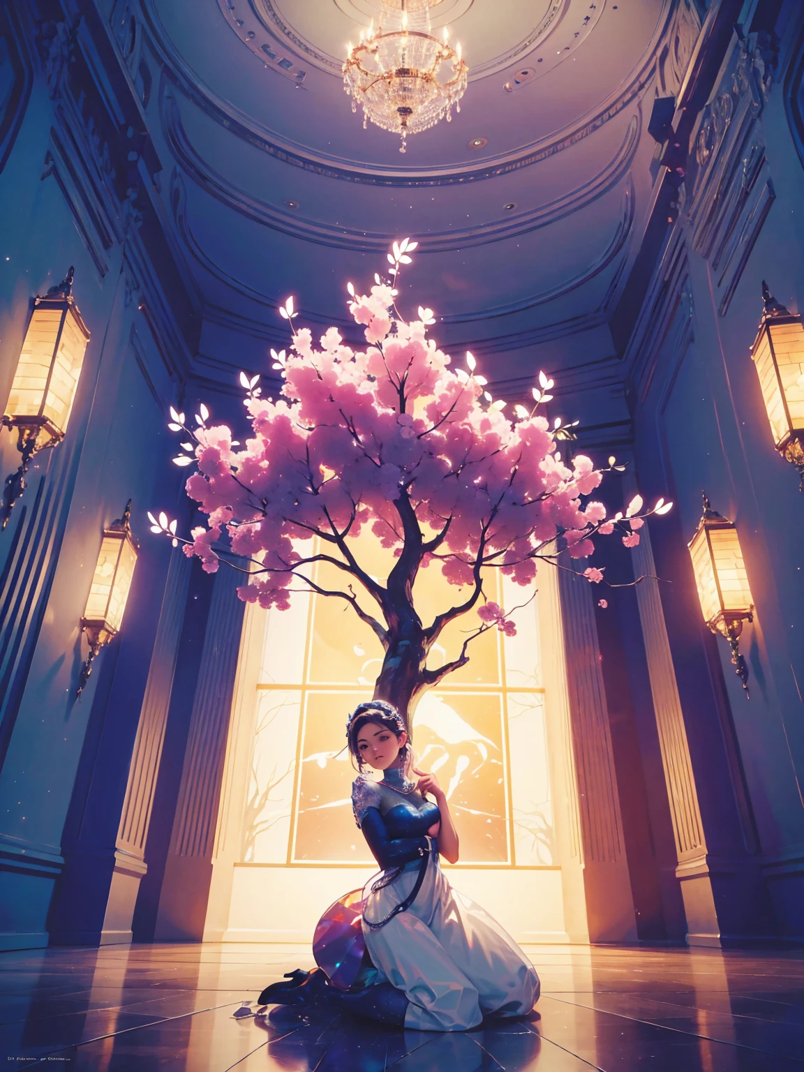Detailed textures, high quality, high resolution, high accuracy, realism, color correction, correct lighting settings, harmonious composition. In the center of an exhibition hall, there is a large tree with glowing flowers and leaves that radiate colorful light from within its branches. The surrounding area features many display cabinets filled with various art installations made by ren, each showcasing their unique creativity in different styles. In front of these exhibition cabinets are art installations in the style of Space Art digital painting, colorful lights. --ar 3:4 --niji 6