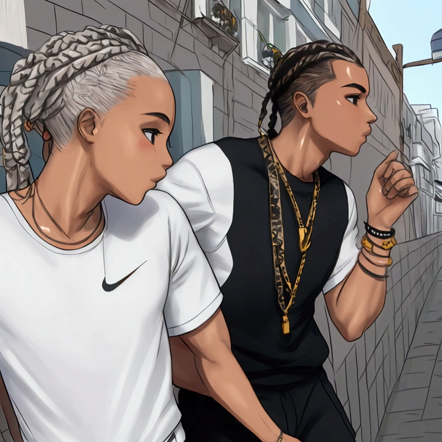 Happy white skin hispanic male with cornrows wearing nike and Louis Vuitton in the city