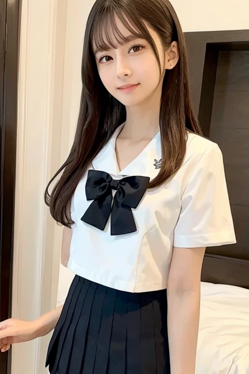 Idol Pose　Hotel　bed　uniform　White clothes　high resolution　Not too small bust　Black Mini Skirt　Shorten your skirt. Height 157cm