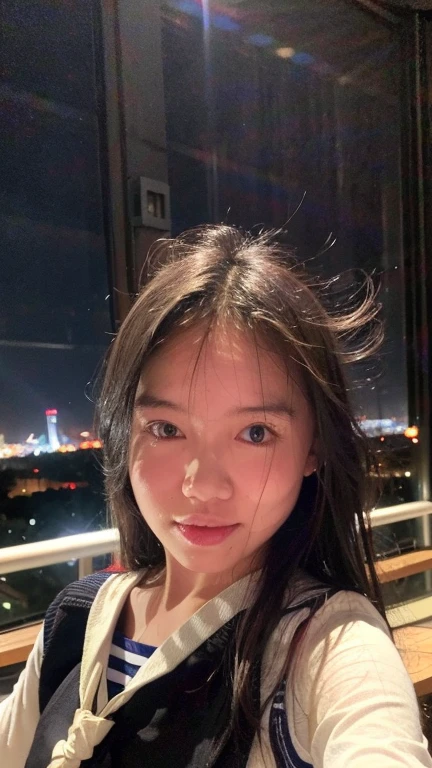 Masterpiece, best quality, ultra high res, realistic, (photorealistic:1.4), photography, rule of third, 1girl, blunt bangs, black hair, (the girl wearing black sailor uniform), (at the top of building:1.1), night, city light, cinematic lighting, 80s filter, detailed face , looking at viewer, (selfie:1.1), pov