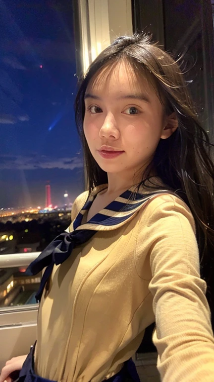 Masterpiece, best quality, ultra high res, realistic, (photorealistic:1.4), photography, rule of third, 1girl, blunt bangs, black hair, (the girl wearing black sailor uniform), (at the top of building:1.1), night, city light, cinematic lighting, 80s filter, detailed face , looking at viewer, (selfie:1.1), pov