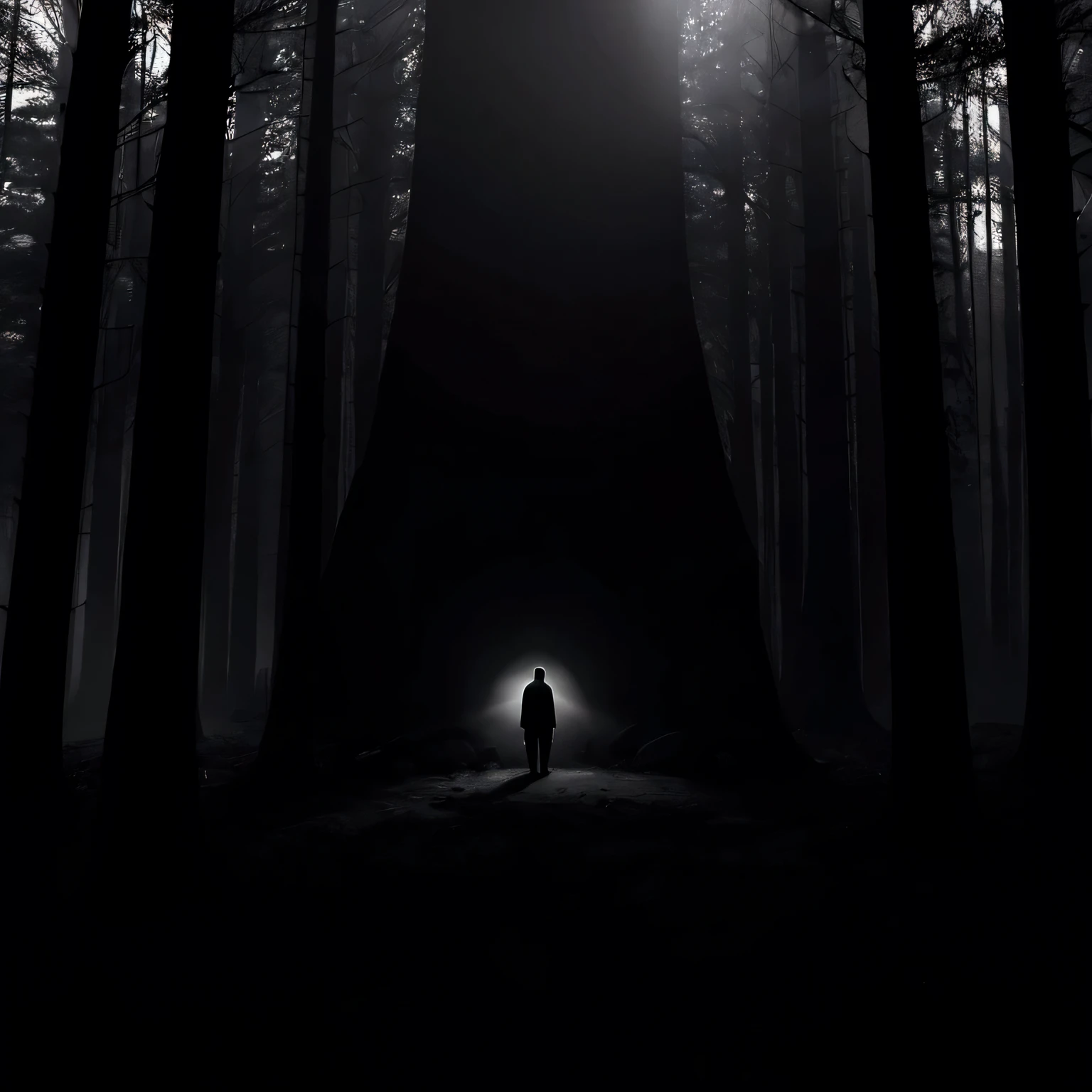 "Picture a lonely man in dark colors, standing against a background of a gloomy forest. The man is dressed in stylish, modern clothes, such as a black coat and boots. He is kneeling, head bowed and arms down, creating a feeling of heaviness and despair. Around him is a dark forest with bare trees, immersed in fog. On the horizon there is a faint light shining through the trees, symbolizing hope. Use contrasting colors and dramatic lighting to enhance the emotional impact. Add minimalistic elements around the person, symbolizing philosophical reflections."

Steps to create an image:
Man in Dark Colors: The main element is a lonely man in stylish, dark clothes (black coat, boots), kneeling with his head down and his hands down.
Dark Forest and Fog: Around the person is a gloomy forest with bare trees, immersed in fog, creating an atmosphere of isolation and despair.
Faint Light on the Horizon: There is a faint light on the horizon shining through the trees, symbolizing hope.
Contrasting Colors and Lighting: Use strong contrasts between light and shadow to create a dramatic effect and attract attention.
Minimalistic Elements: Add minimalistic elements around the person, such as abstract symbols or figures that symbolize philosophical thoughts.