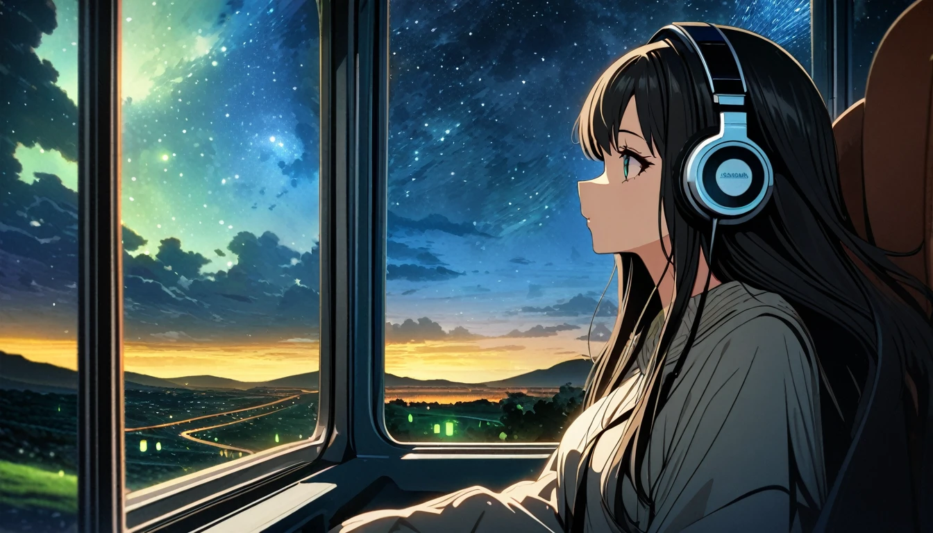 25 year old girl, listening to music on your headphones, contemplating the beautiful starry night landscape with fireflies outside the bus window, estilo lofi, estilo ghibli, cabello largo y negro, 4K definition, vista de perfil, mirando al horizonte, auriculares grandes.